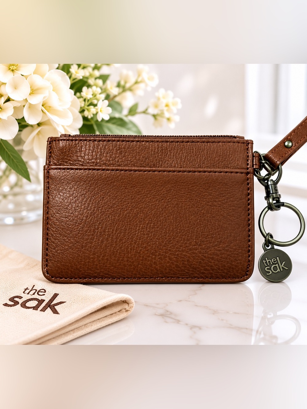 The Sak Brown Leather Zip Card Wallet Keychain